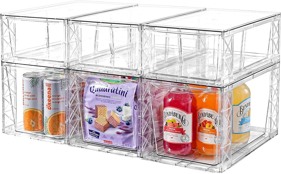 6Pack Pantry Organizers and Storage,Clear Stackable Kitchen Storage Organizer,Foods Organizer Bins with Handles, Easily Assemble for Bathroom, Kitchen, Refrigerator, Pantry, Cabinet, Closet (3 Medium + 3 Large)
