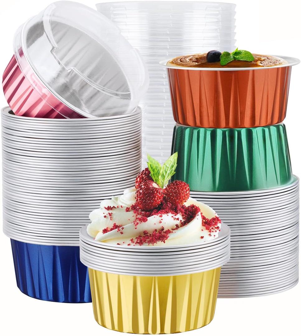 EUSOAR Disposable Ramekins with Lids, 5oz 100pcs Muffin Liners Cups Creme Brulee Foil Ramekins, Oven Safe Aluminum Cupcake Holders Baking Cups for Party Favor Birthday 5 Colors Mixed
