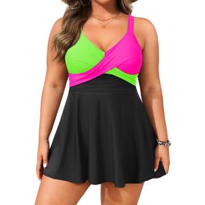 Plus Size Tummy Control Swimdress, Two piece Tankini with Shorts | V Neck, Twist Front, Removable Cups, High Waist Bottom, Adjustable Straps, Flowy Dress Top (Black, XL)