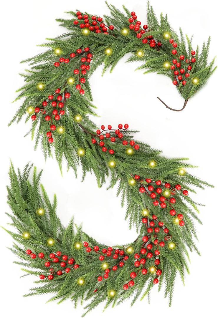 Christmas Norfolk Pine Garland,Real Touch Faux Winter Greenery Garland with Light for Stairs Table Fireplace Backdrop Wall,Christmas Holiday Seasonal Winter Decor (9ft)