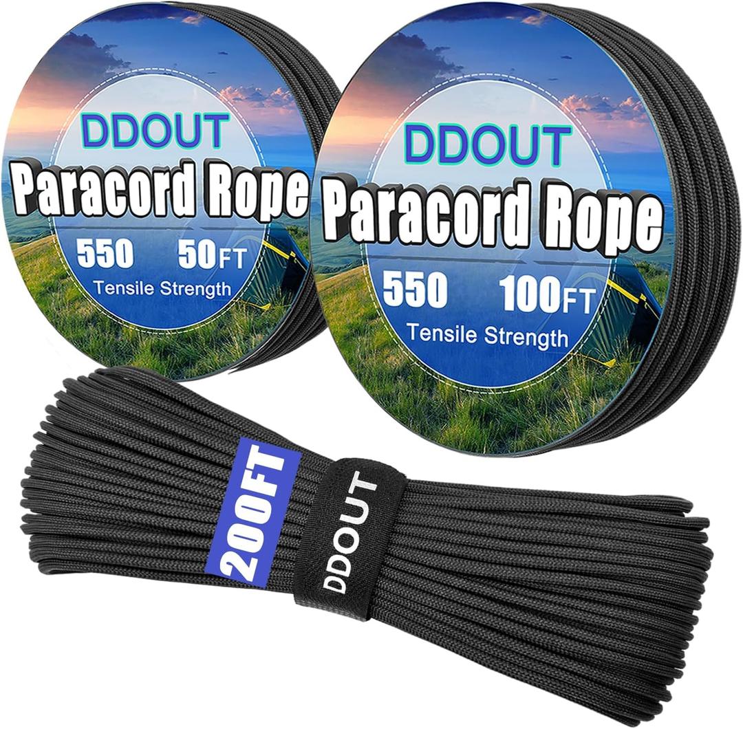 Paracord Rope with 7-Strand Core, 11 Colors and 50/100/200 ft, Nylon Type III Parachute Cord 4mm for Camping, Survival, Hiking, DIY, Crafting, Outdoor Utility Black 100ft
