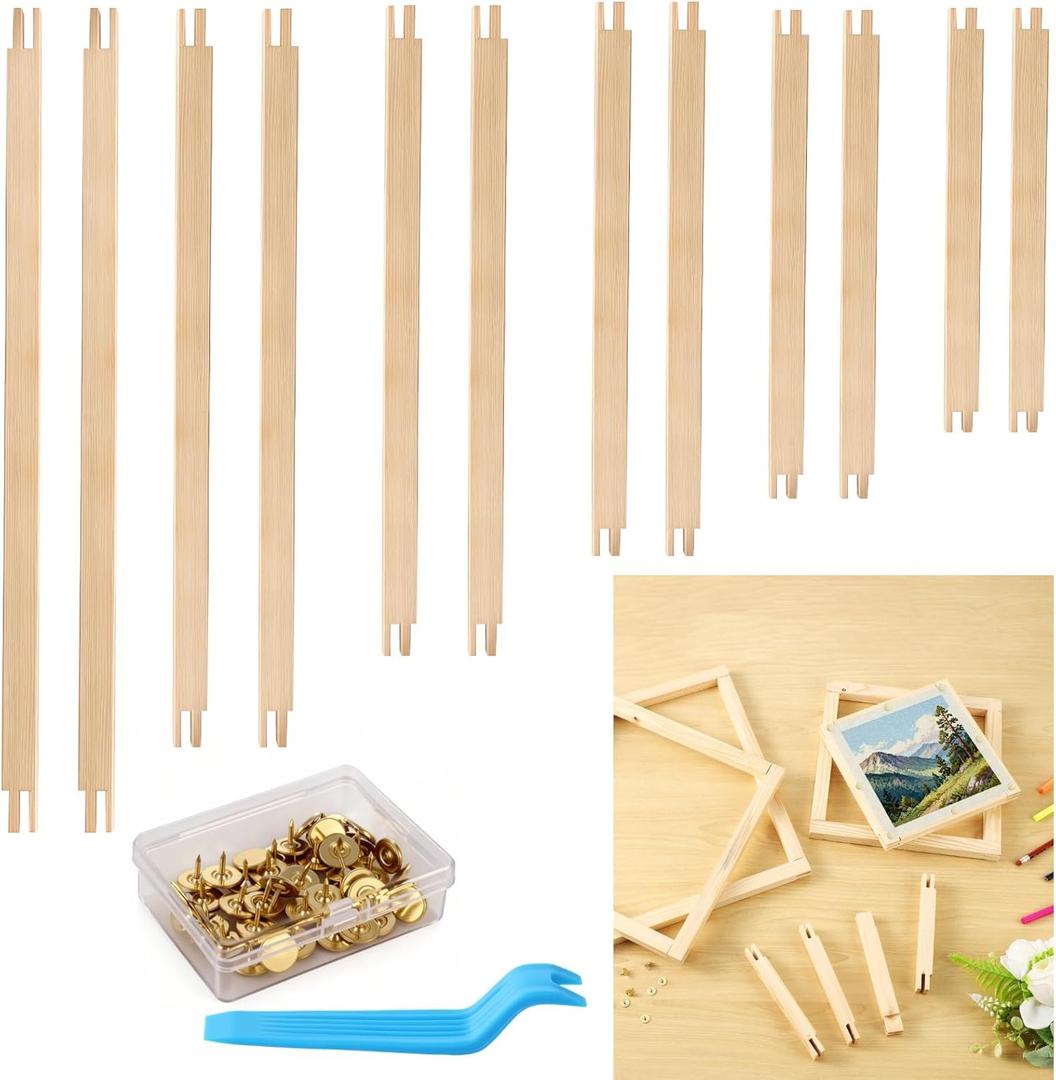 12 Pcs Needlepoint Stretcher Bars for Needlework with 40 Tacks, Tacks Remover, Storage Box - 6 Sizes Wood Mortise & Tenon Frame for DIY Oil Painting, Embroidery & Needlework