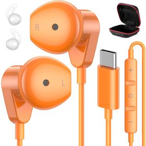 APETOO USB C Headphones for iPhone 17 Pro Max 16 15 Plus iPad USB-C Wired Earbuds with Microphone Volume Control HiFi Stereo Type C Earphones for Galaxy S26/S25/S24/S23/S22 Ultra, Pixel 10 9 8, Orange