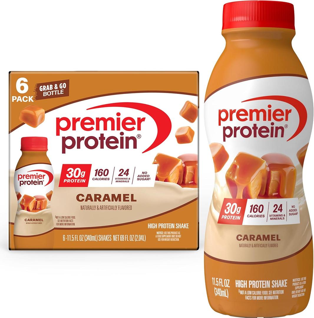 Premier Protein Shake, Caramel, 30g Protein, No Added Sugar, 24 Vitamins & Minerals to Support Immune Health, 11.5 fl oz, 6 Pack , Best Before 11/09/2025