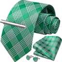 HISDERN Plaid Ties for Men Classic Checkered Tie and Pocket Square Cufflinks Tie Clip Set Woven Men's Necktie Business (Green)