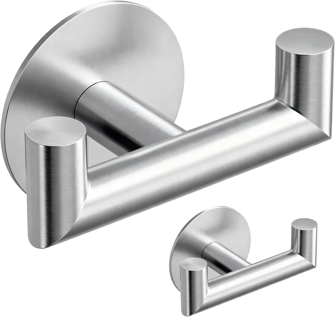 GWAAZXGZ 2 Pack Brushed Nickel Bathroom Hooks for Towels - Self Adhesive Double Hooks for Wall, No Drilling, Stainless Steel 304, Strong Hold for Robes, Coats, Shower Use