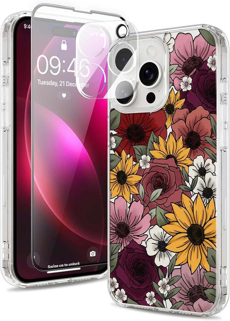 Magnetic for iPhone 16 Pro Max Case [Compatible with MagSafe][with Screen + Camera Protector] Floral Flower Sunflower Pattern Design, Slim Shockproof Phone Cover for Women Girls