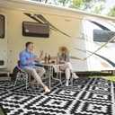 Outdoor Patio Plastic Straw Rug - 9x18 ft Outdoor Camping Rug Waterproof Reversible, Area Carpet Patios Clearance RV, Outside Porch Balcony Deck for Camper, Black & White