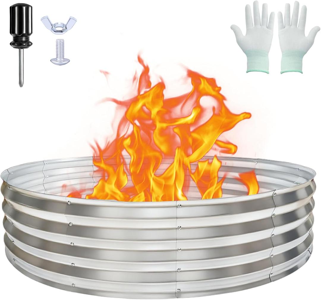 60 Inch Large Round Fire Pit Ring, Galvanized Steel Outdoor Bonfire Ring for Backyard & Camping, Sturdy, Rust-Proof & Easy to Install (551 FT)