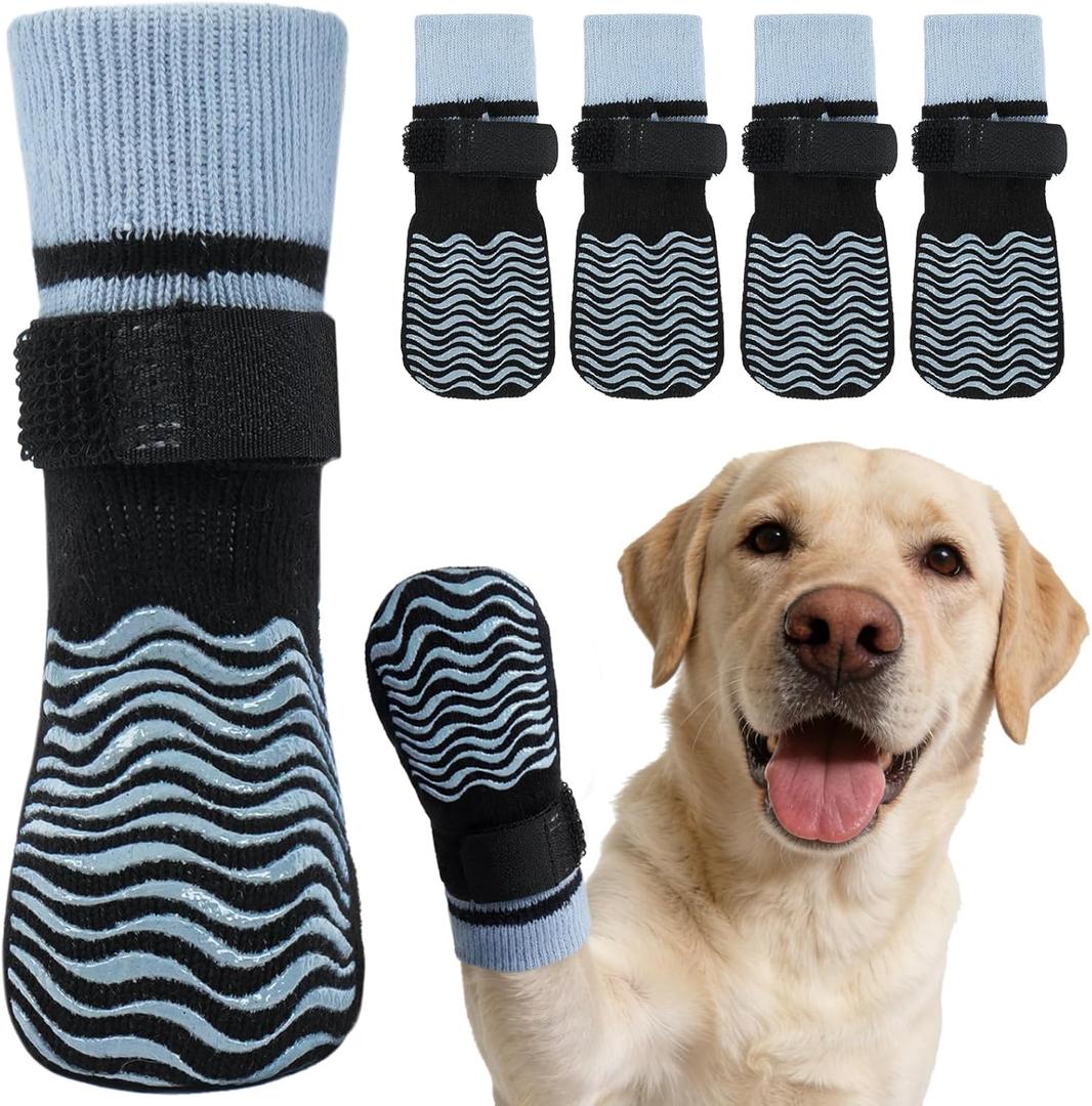 Kuoser Non Slip Dog Socks for Hardwood Floors, Dog Grippy Socks with Double-Sided Traction, Anti Slip Dogs Booties Paw Protectors to Prevent Licking Paws for Large Senior Dogs, 4 Pack-L