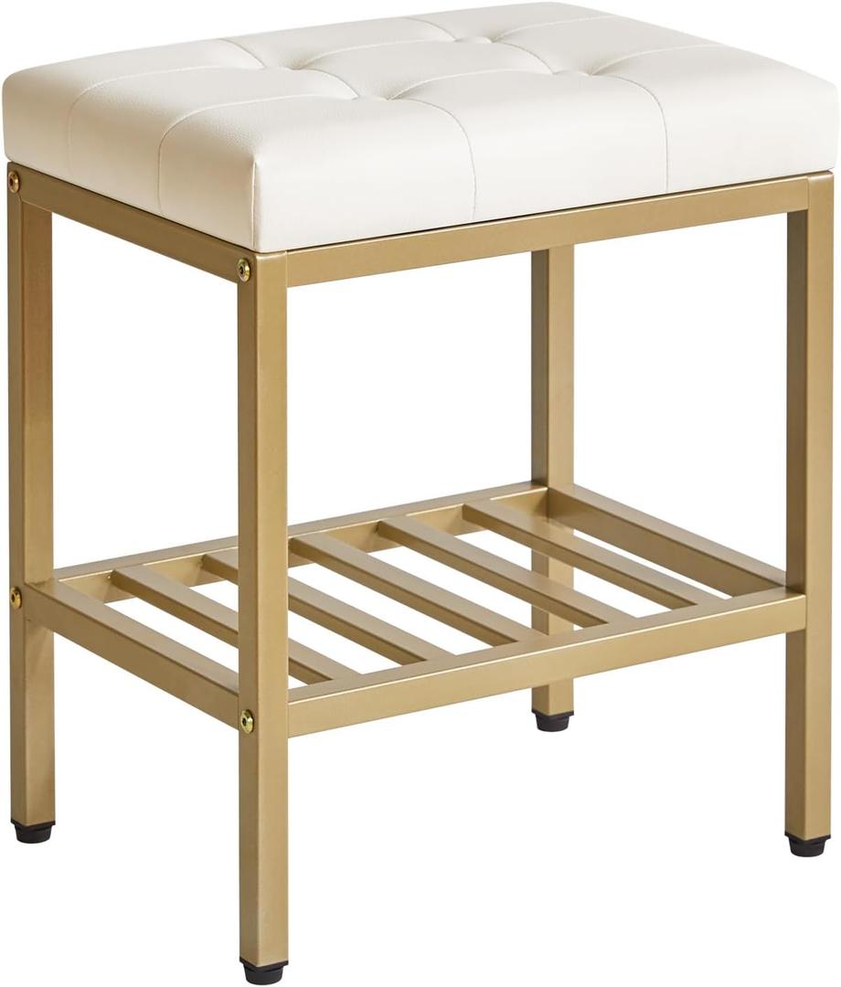 IBUYKE Rectangular Makeup Stool with Adjustable Feet and Storage Space, Footrest Chair, PU Vanity Seat, Multi-Use as Small Side Table or Ottoman, for Bedroom, White