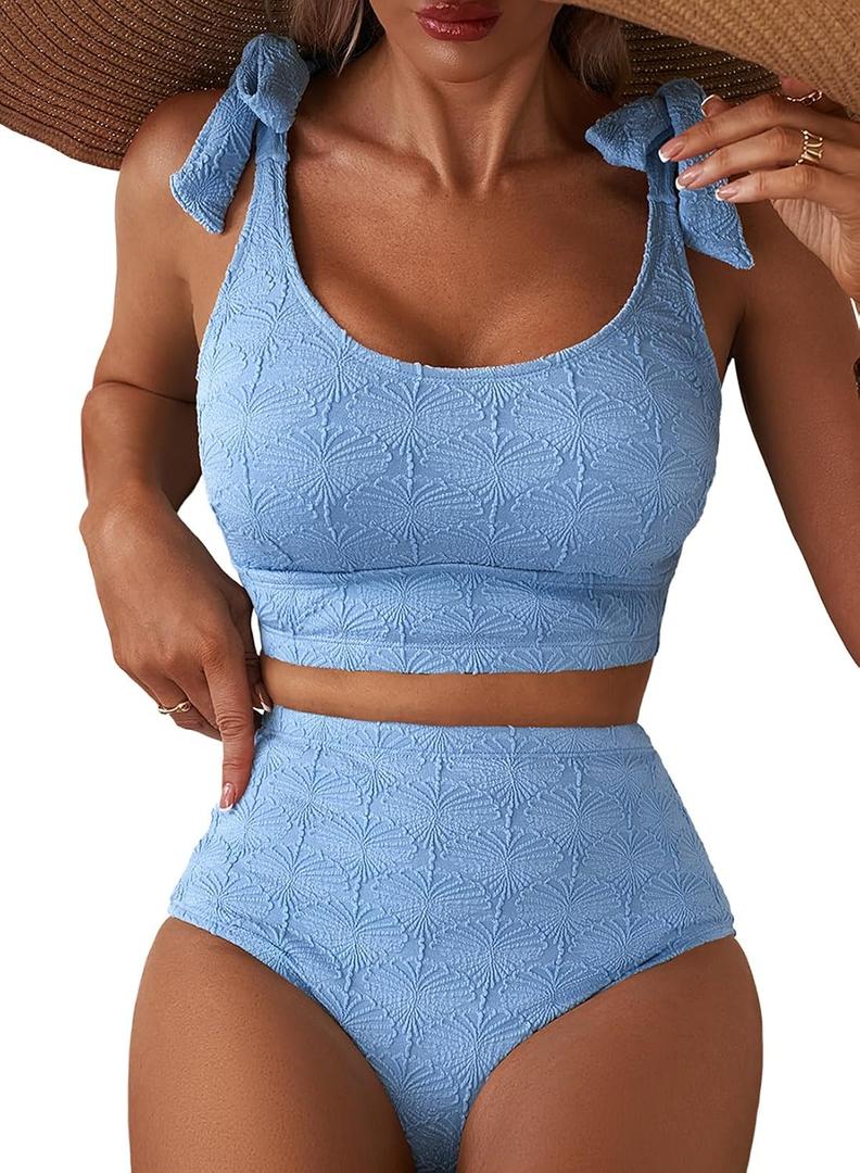 Herseas Womens High Waisted Bikini Set Seashell Textured Tie Shoulder Swim Suits Full Coverage Removable Pads 2 Piece Bathing Suit Cute Beach Vacation Essentials for Teens Sky Blue X-Large (Blue, XL)