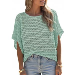 Saodimallsu Womens Crochet Tops Summer Batwing Short Sleeve Oversized Sweater Boat Neck Mesh Knit Beach Cover Up Top (Medium, Green)