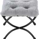 15" Foldable Foot Stool Ottoman with Metal Frame - Washable Faux Fur Grey Upholstered Indoor/Outdoor Footrest for Living Room, Bedroom, Patio - Space-Saving Compact Design, Small