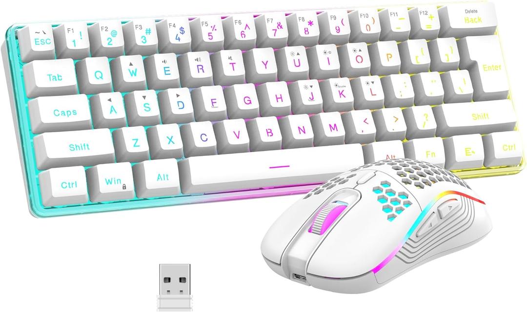 RedThunder Combo de teclado y mouse inalmbricos 60% para juegos, batera recargable de 2500 mAh, teclado mecnico RGB pequeo ultracompacto, mouse ptico de panal ligero para juegos/negocios, color