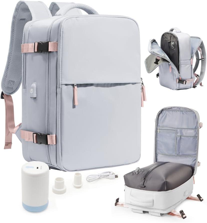 Vacuum Seal Travel Backpack with Air Pump, Compression Waterproof Vacpack Carry On Backpack for Travel Women Men with Vacuum System, Airlines Approved Daypack Laptop Space Saver Bags Grey