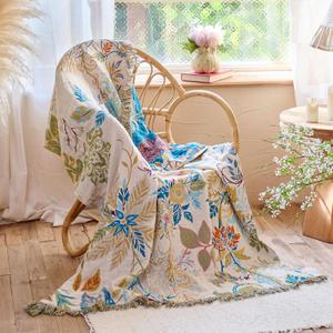 Boho Throw Blanket 50"x60" Floral Couch Blanket with Sunflowers,100% Cotton Soft Breathable Lightweight Spring Decorative Tassel Reversible Blankets for Sofa Bed Decor All Season