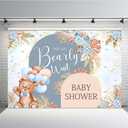 MEHOFOND 7x5ft Bear Baby Shower Backdrop for Boy Blue Florals We Can Bearly Wait Pampas Grass Balloons Photography Background Newborn Baby Party Decoration Photo Booth Props