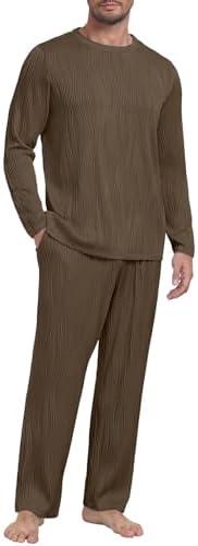 PrinStory Men's Pajama Set Soft Long Sleeve Shirts and Pants Mens Pjs Loungewear 2025 Outfits Coffee XL