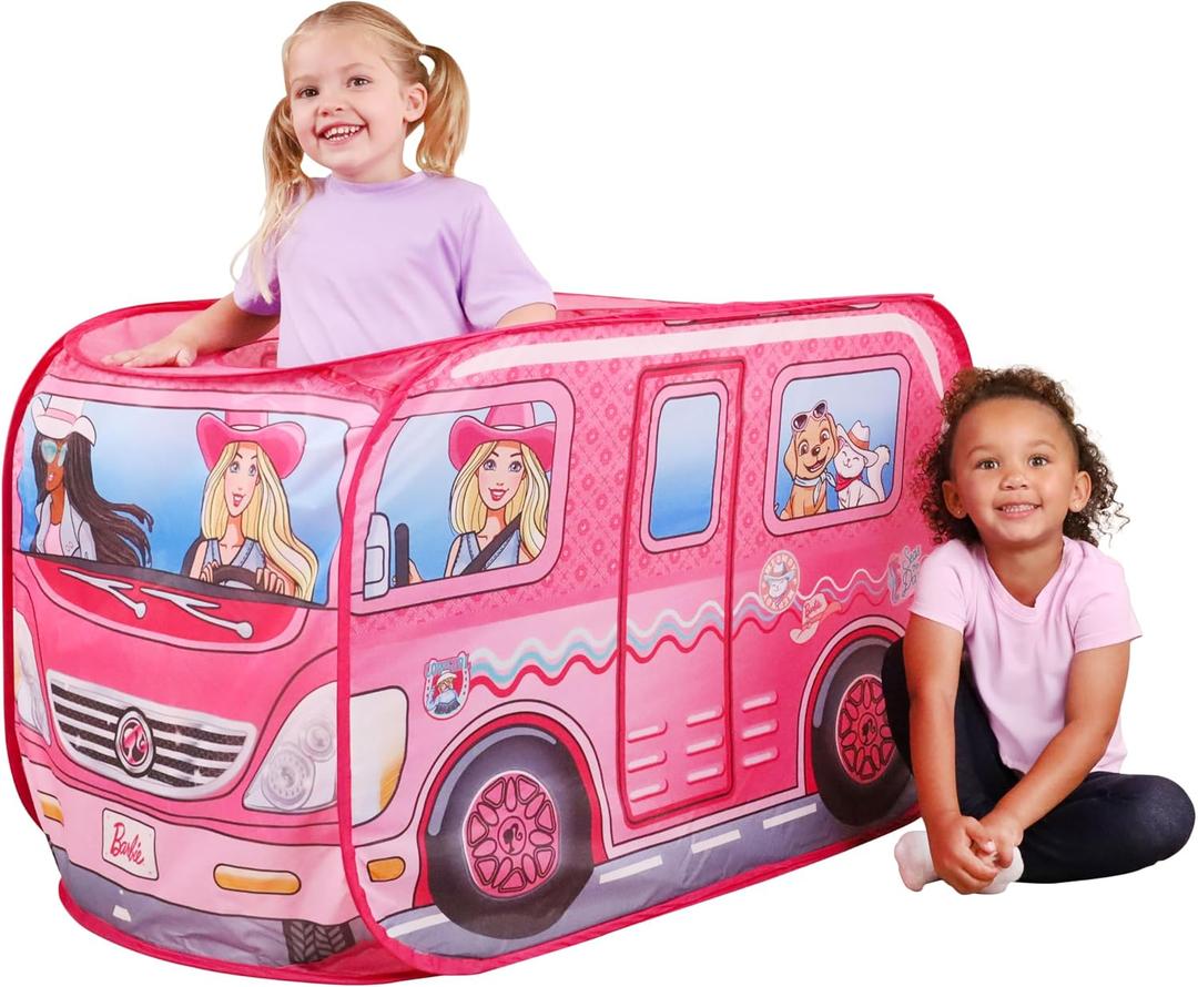 Barbie Coastal Cowgirl Camper Pop-Up Play Tent for Kids Indoor Playhouse with Roll-Up Door & Roof Openings Easy Setup, Folds Flat for Storage Safe for Toddlers & Kids Ages 3+