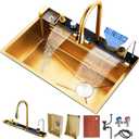 Double Waterfall Sink with LED Display, Cup Washer, Soap Dispenser, Worktop Controller, Gold, 29.5 * 18.1 * 8.7 IN