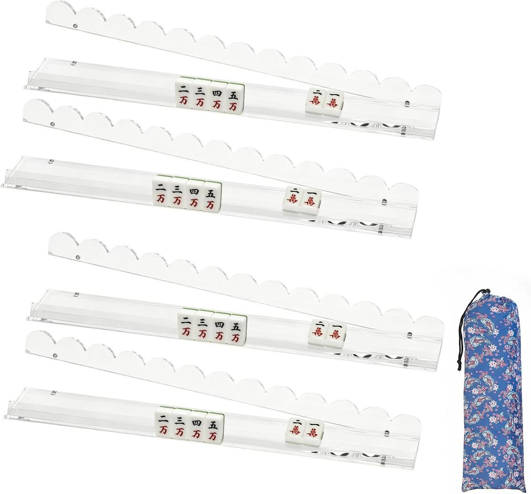 4-Piece Set of Upgraded Clear 20-Inch Magnetic Mahjong Racks with Magnetic Push Rods, Scalloped Mahjong Racks, Clear Acrylic Tile Holders, Portable Mahjong Accessories, Includes Storage Pouch