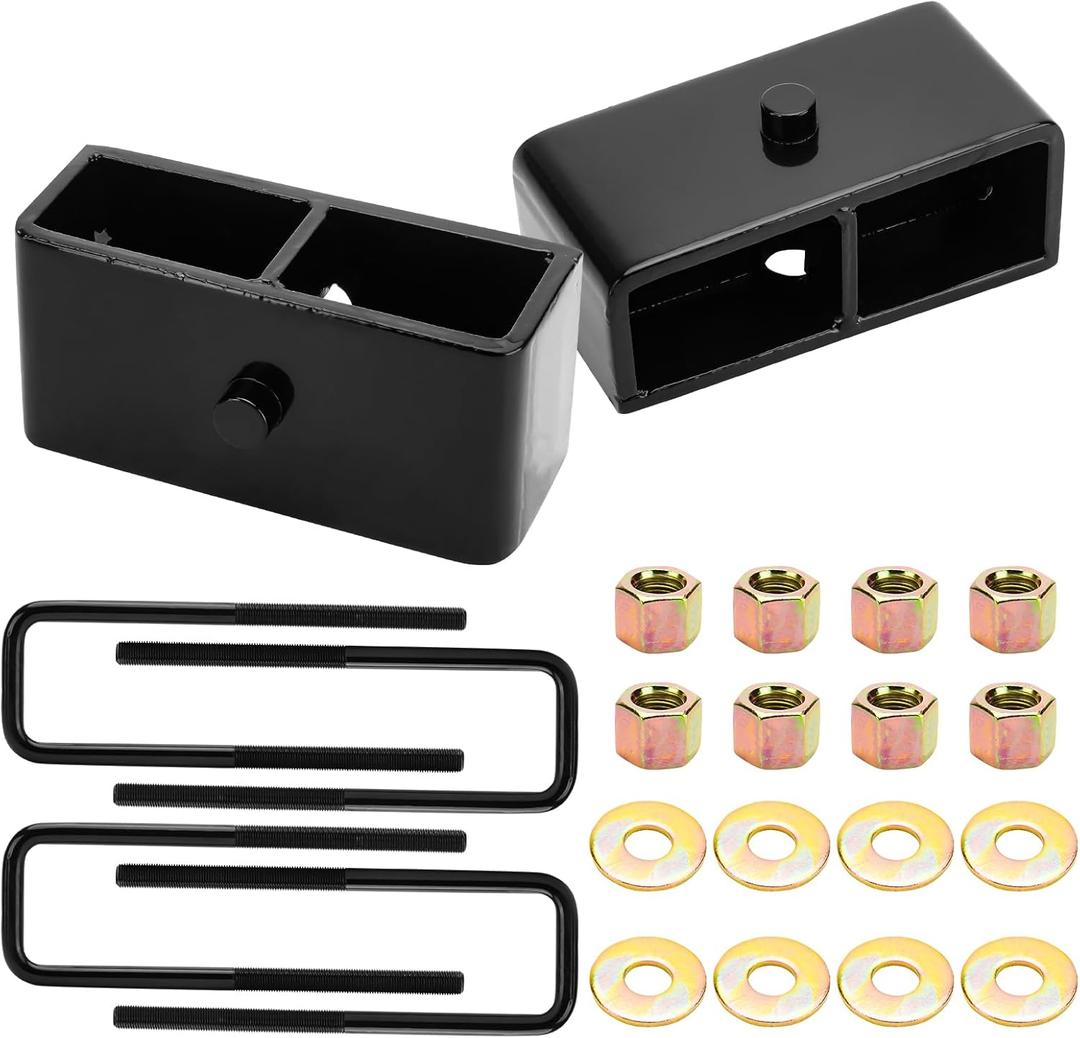 2" Rear Leveling Lift Kits Block Kit Compatible with 2WD 4WD Chevy Silverado 1500 1999-2019, GMC Sierra 1500 1999-2020 2pc Rear Lift Block with 4pc Extended Square Leaf Spring Ubolts