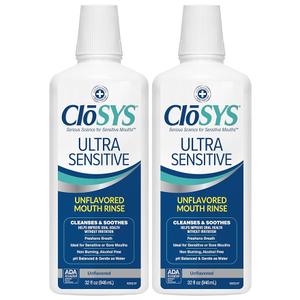 CloSYS Ultra Sensitive Mouthwash, 32 Oz, Pack of 2, Alcohol Free Mouthwash, Unflavored Mouth Wash, Dye Free, pH Balanced, Helps Soothe Entire Mouth