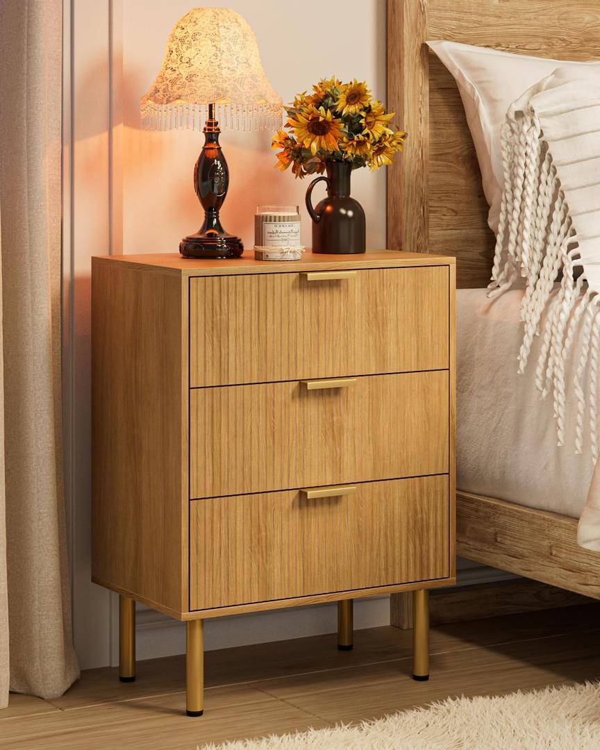 Nightstand with 3 Drawers,Fluted Bedside Table for Bedroom,Light Oak End Table with Storage, Farmhouse Night Stand for Living Room