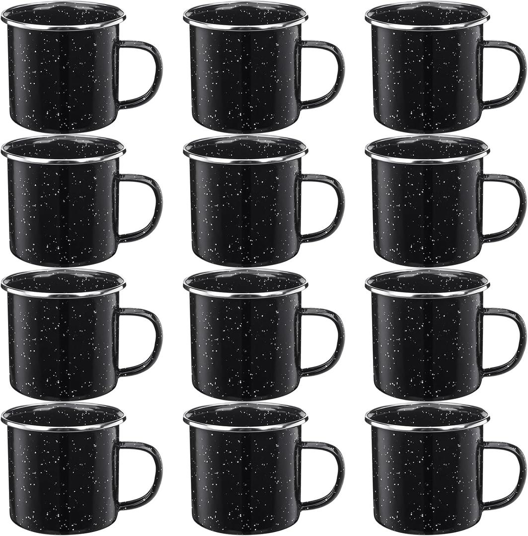 12 Pcs Enamel Camping Mugs Small Coffee Mugs Tea Cups Portable Vintage Campfire Camping Cups Bulk with Handle for Coffee Tea Home Picnic Travel Indoor and Outdoor Activities,12 oz (Black)