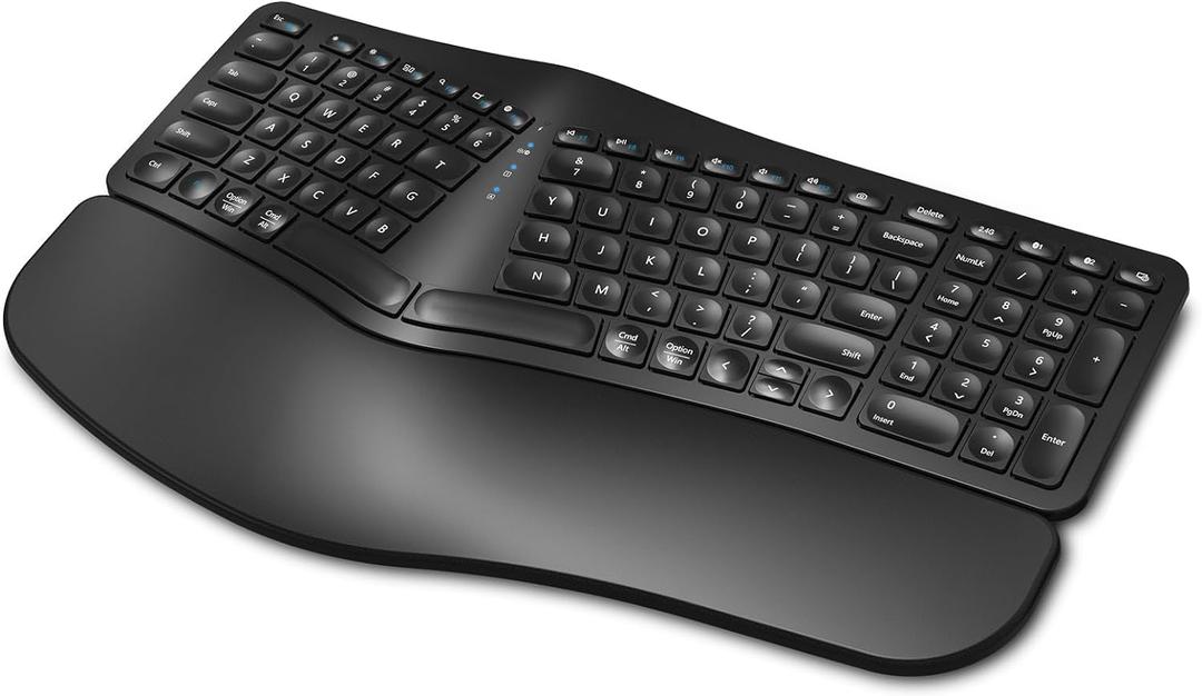 EDJO Ergonomic Wireless Keyboard Rechargeable, Bluetooth/2.4G Wireless Keyboard with Cushioned Wrist Rest, Multi-Device, Split Design, for Windows/Mac/Android/iOS