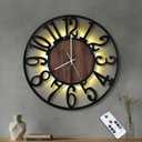 24'' Silent Wall Clock with Adjustable Night Light, Glow in The Dark Decorative Wall Clock Battery Operated, Rustic Modern Metal & Wood Clocks for Living Room Decor, Arabic Numerals