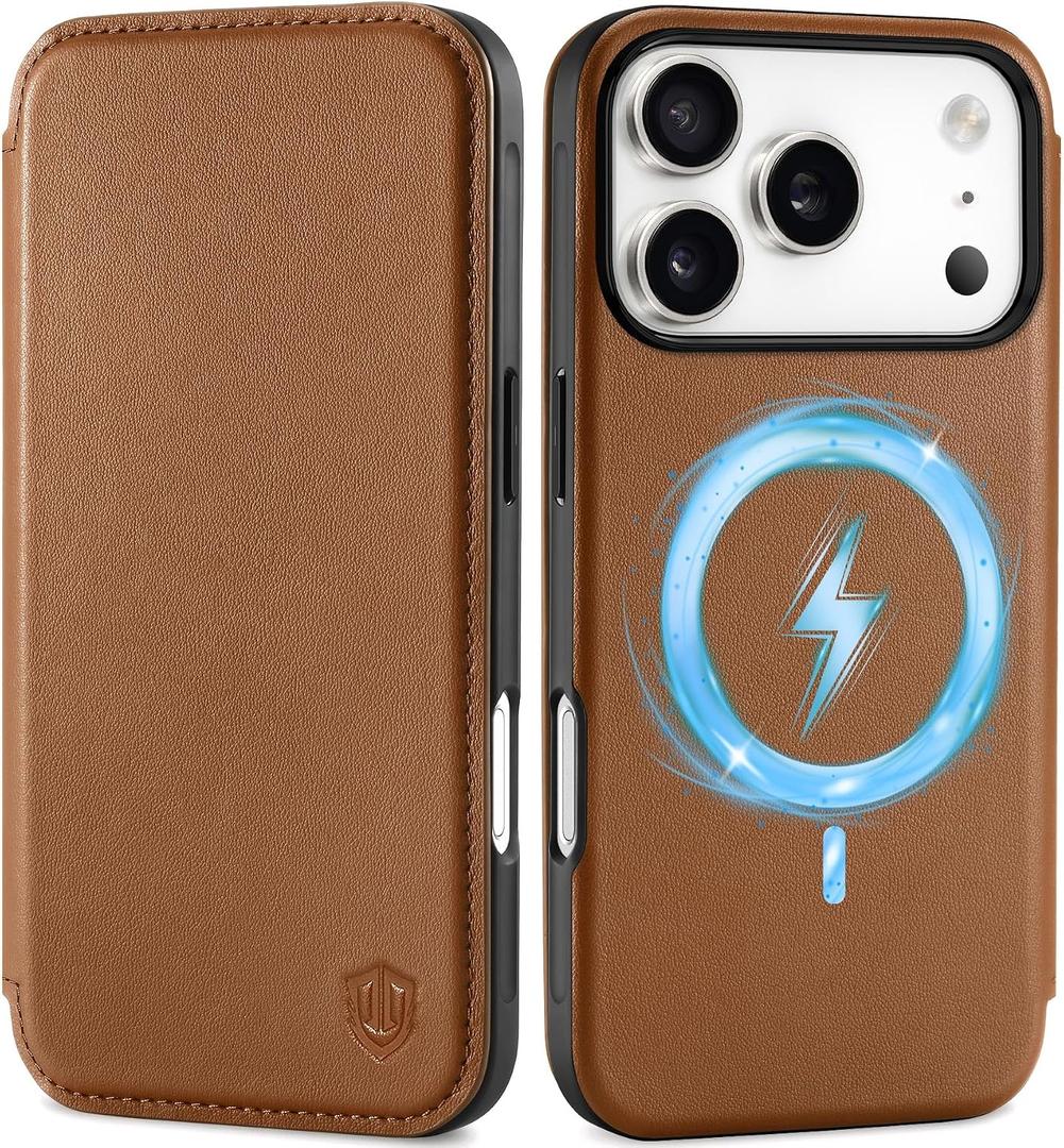 SHIELDON Real Leather Slim Case Wallet for iPhone 17 Pro 6.3-inch | Flip, Wireless Charging, Magnetic Closure, RFID Blocking Credit Card Holder, Full Protective Phone Cover - Saddle Brown