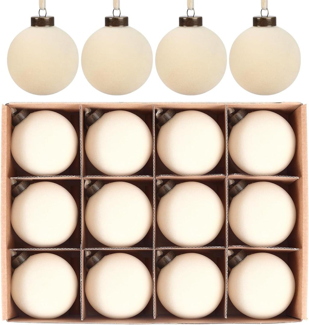 12 Pcs Velvet Christmas Balls Bulk Shatterproof Plastic Christmas Tree Decorations for Decorative Hanging Baubles (12, Beige, 3.15Inch)