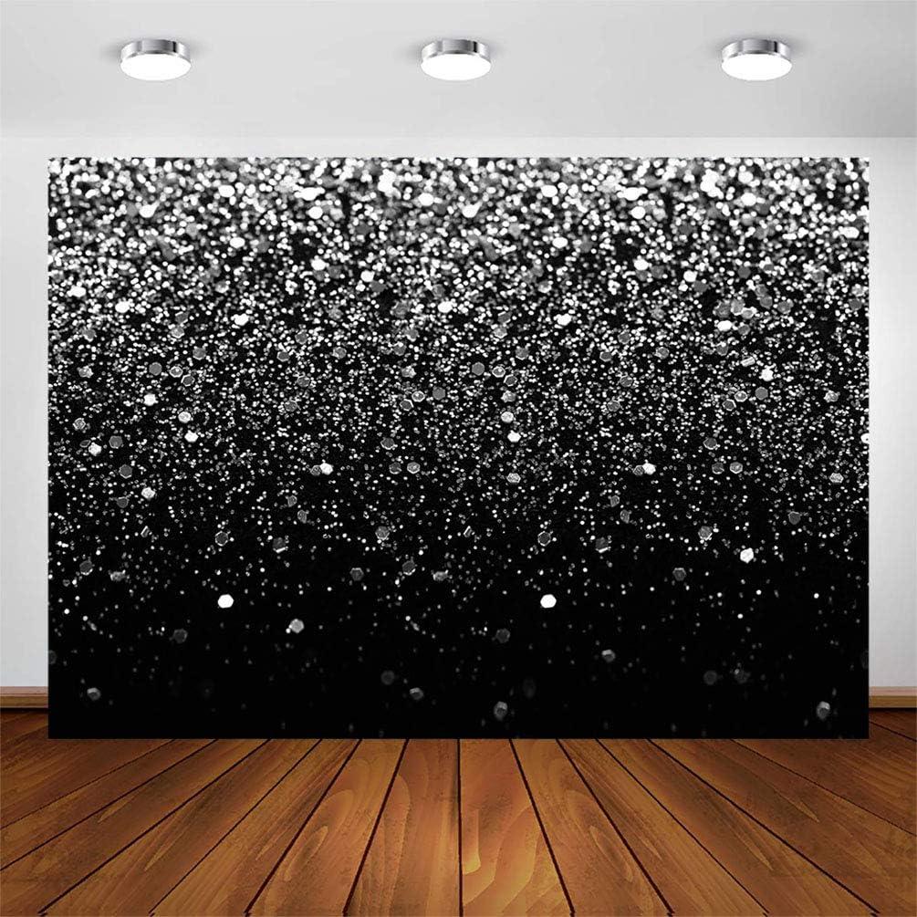 COMOPHOTO Silver Bokeh Black Backdrop 7x5ft Birthday Party Themed Photography Background Silver Dots Decorations Wedding Birthday Party Events Banner Photo Booth Backdrop