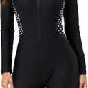 Halcurt Women's Boyleg One Piece Rash Guard with Built in Bra UPF50+ Zip Long Sleeve Full Body Modest Swimsuit (Large, Black/White Palka Dots)