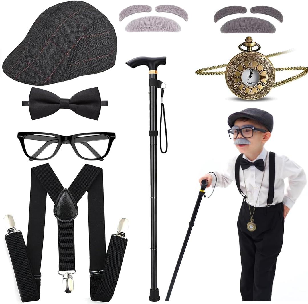 Kids 100 Days of School Costume for Boys - Halloween Old Man Costume Hat Glasses and Grandpa Vest Set for Child (Free size, Black-cap-watch)