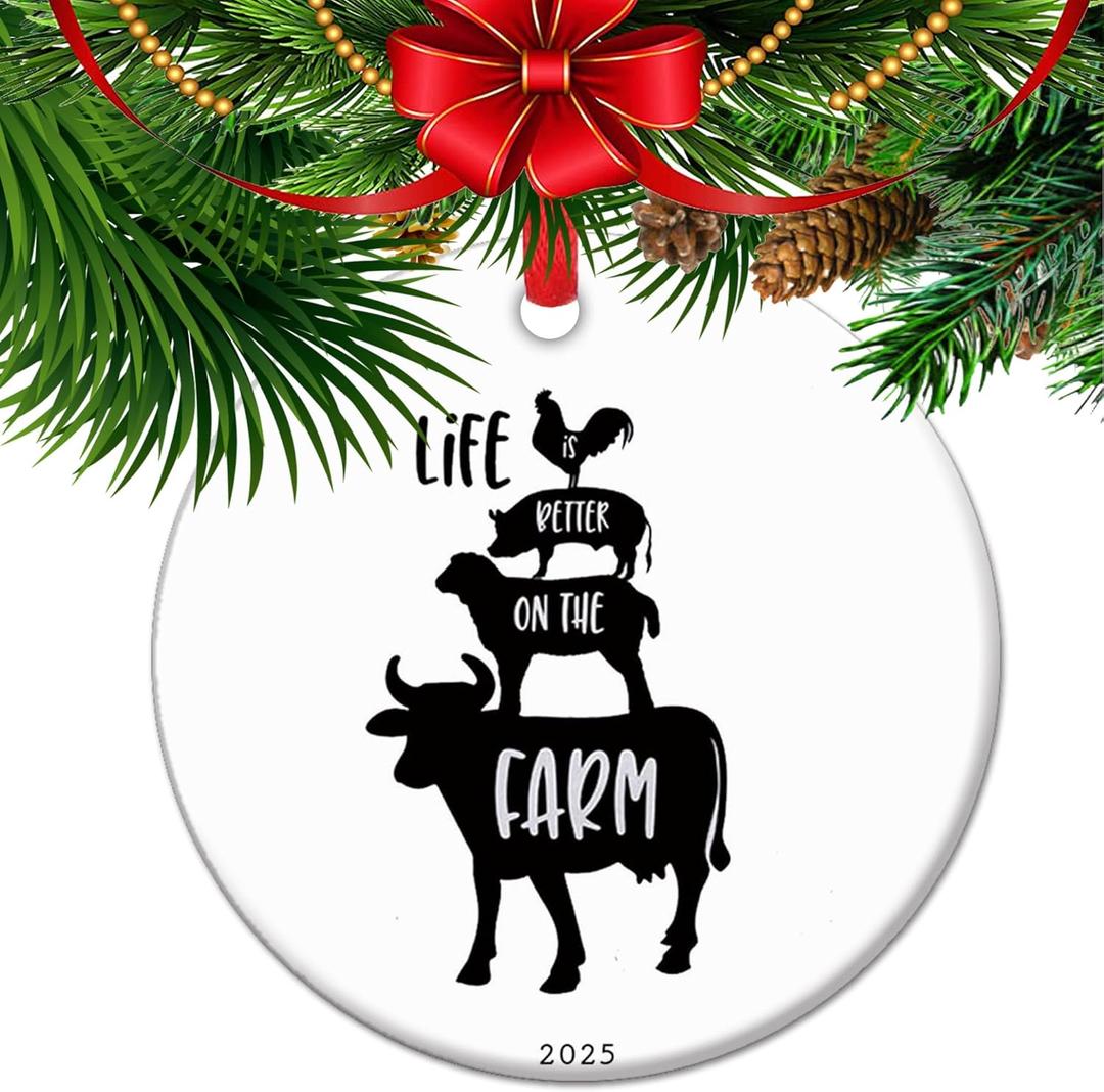 Life is Better on The Farm - Farm Animal Stack Ceramic Ornament, Cow, Sheep, Pig, Chicken Farm Christmas Ornament (C1)
