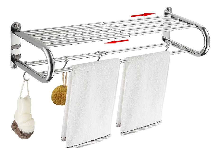 BESy Adjustable 1525 Inch Towel Rack with Shelf for Bathroom and Lavatory Towel Shelf Double Towel Bar Rod 4 Hooks Wall Mount Multifunction Towel Holder Hotel Style Stainless Steel Polished Chrome