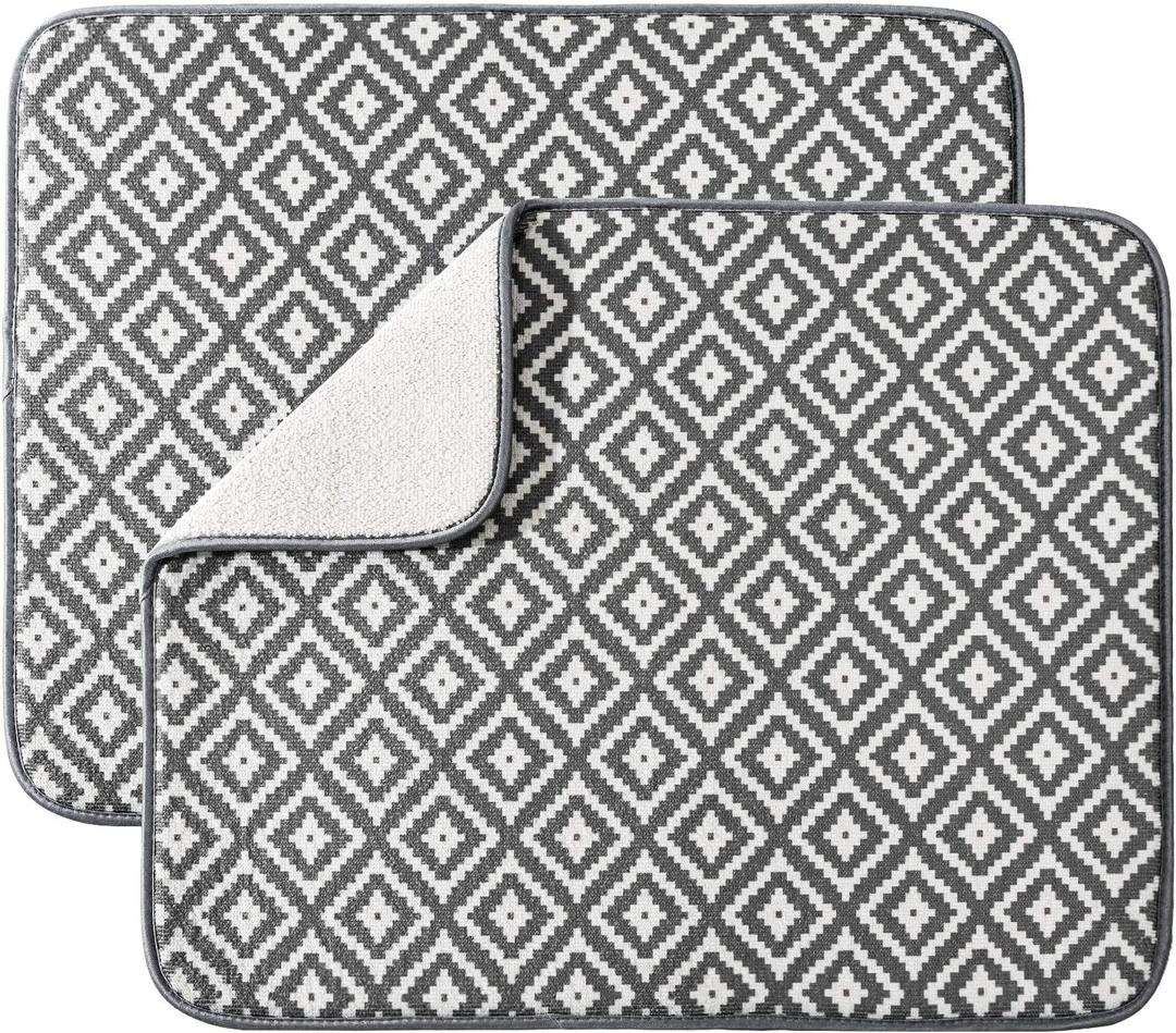 Dish Drying Mat for Kitchen 2 Pack, Ultra Absorbent Microfiber Dishes Drainer Mats by Subekyu,19.2 by 15.8 Inch(Rhombus) (Dark Gray 2P)