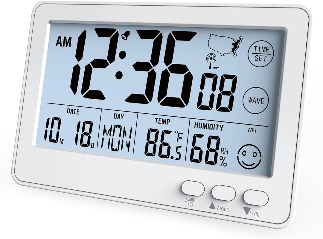 KJMOPRO Small Desk Atomic Clock, Auto Set Digital Desk Clocks with Temperature, Humidity and Date, Alarm Clock for Bedroom, Office, 4 Time Zone, (White) KJMOPRO Small Desk Atomic Clock, Auto Set Digital Desk Clocks with Temperature, Humidity and Date, Alarm Clock for Bedroom, Office, 4 Time Zone, (White)