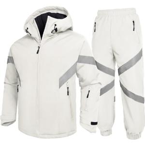 GEMYSE Men's Ski Suit Waterproof Snow Suit Winter snowboard Jacket and Pants Set Hooded ski outfits with Reflective Trim (Large, White)