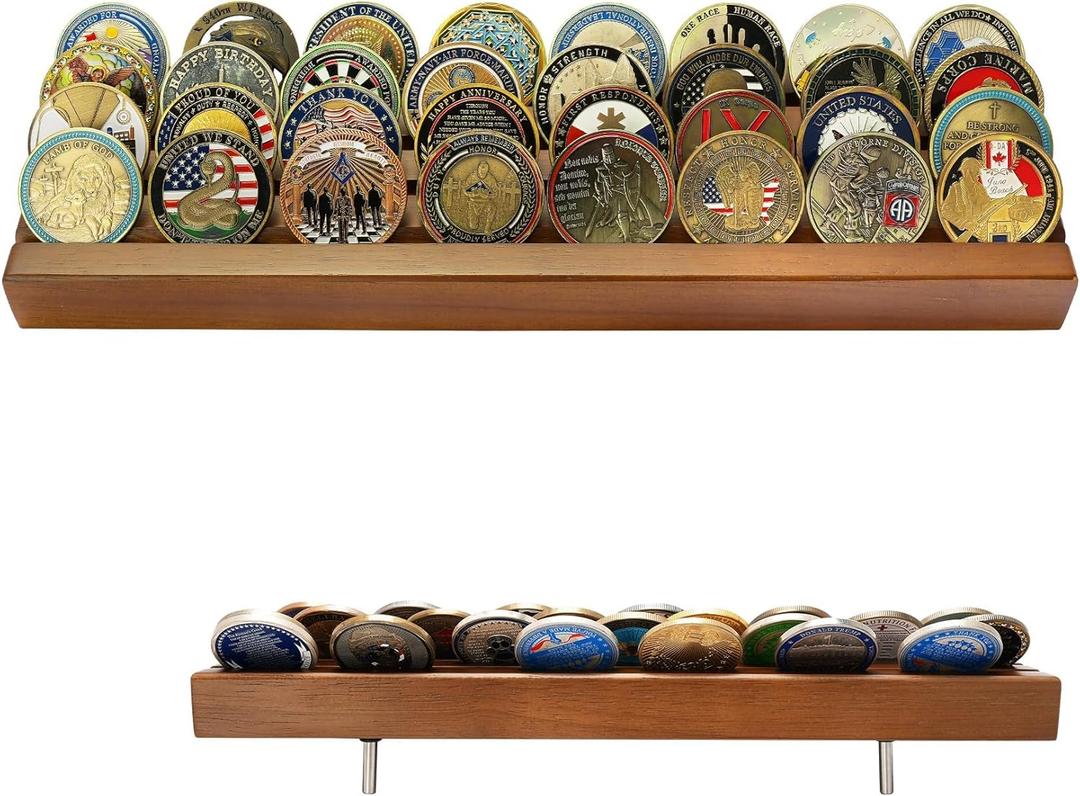 ASmileIndeep Military Challenge Coins Display Holder Solid Wood,Challenge Coin Stand , 4 Row Military Coin Holder Rack for Desk,Challenge Coin Display Case for Collectors (Walnut Finish) (Large)