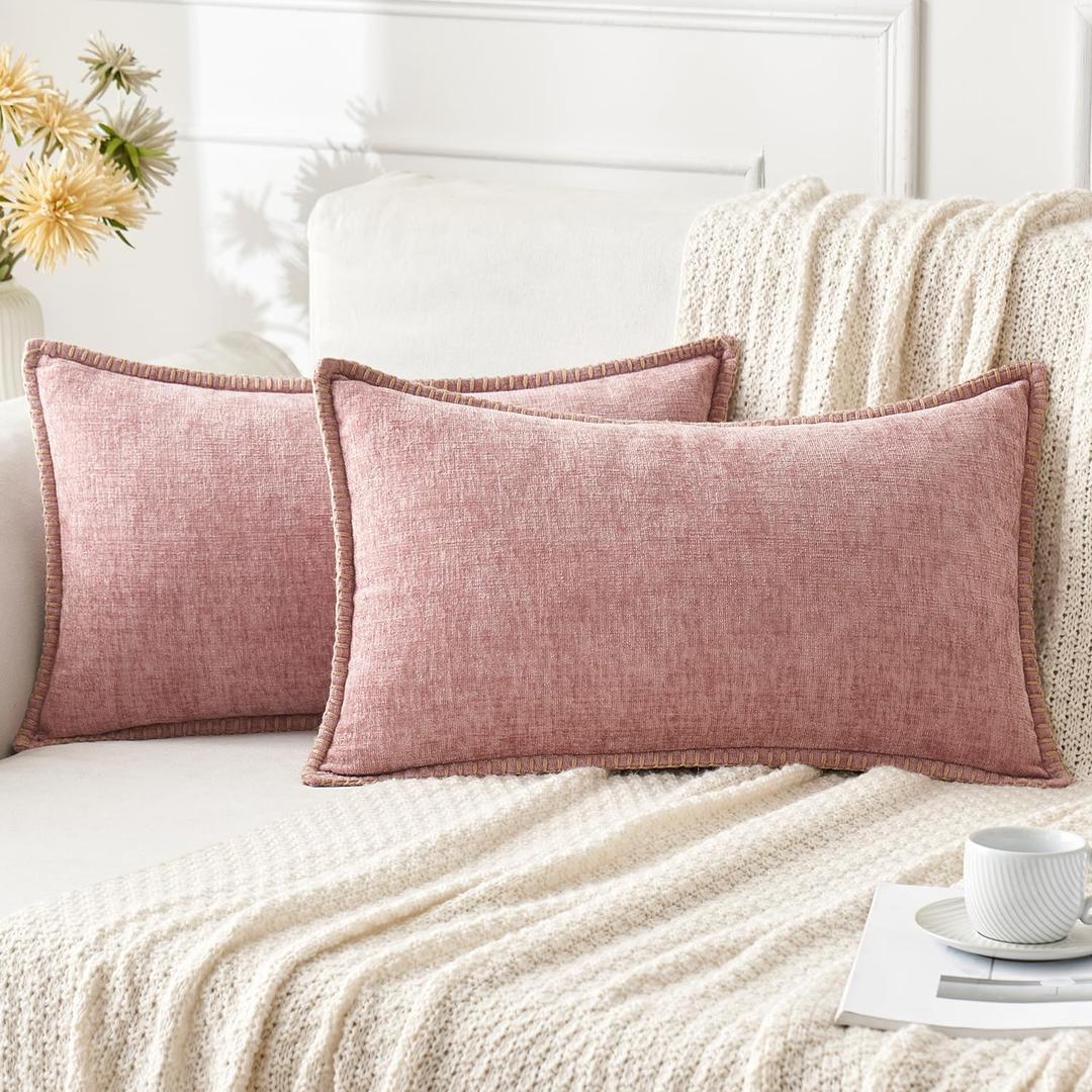 ANRODUO Pack of 2 Pink Chenille Throw Pillow Covers 12x20 Inch Farmhouse Decorative Pillow Covers with Stitched Edge Soft Throw Pillows for Couch Sofa Bed and Living Room Spring Boho Home Decor