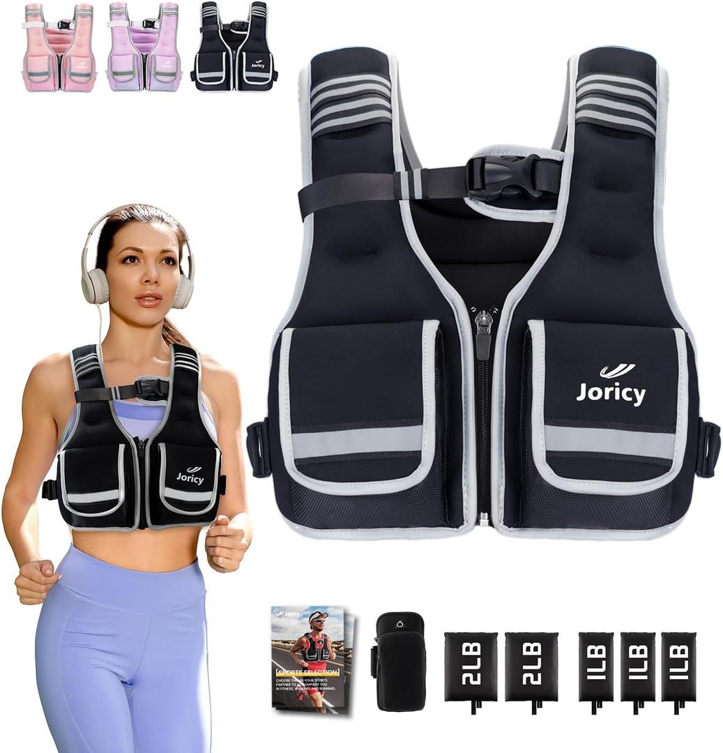 Weighted Vest Adjustable Weights Woman 23-30lb Zip Up Weight Vest for Women Men with 5 Ironsand Weights, Reflective Strips for Walking Running Strength Training Workout, Black