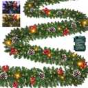 Prelit 50 LED - 9 Ft by 10 Inch Christmas Garland with Lights 12 Modes Timer, Thick 270 Realistic Tips 110 Berries 10 Pine Cone Warm White & Multicolored Lights Xmas Garland for Mantle Stairs Outdoor