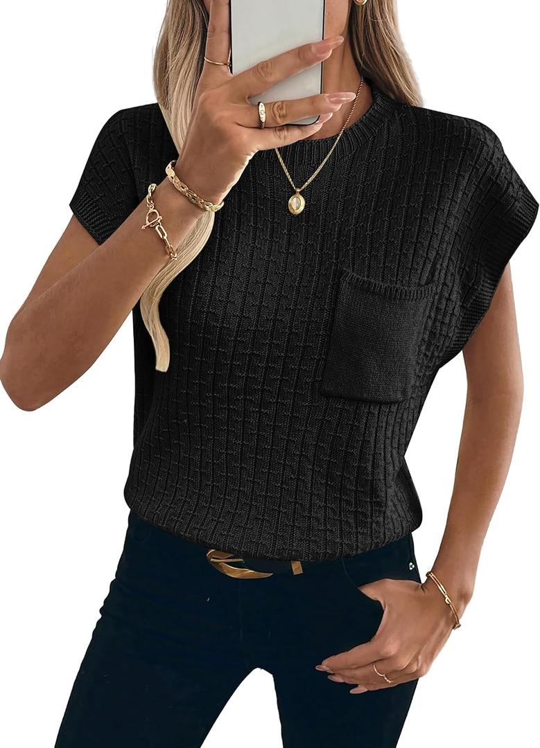 Womens Short Sleeve Sweaters Summer Cap Sleeve Tops Casual Crewneck Oversized Lightweight Knit Sweater Vest (Black, XXL)