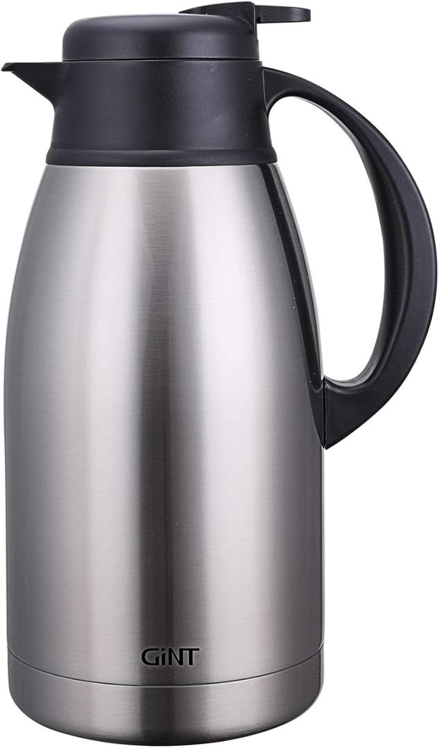 GiNT Stainless Steel Thermal Coffee Carafe, Double Walled Vacuum Water and Beverage Dispenser, 12 Hour Heat Retention, 65 OZ /1.9 Liter, Silver