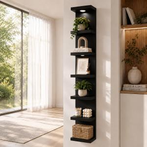 7 Tier Floating Wall Shelf with Lights, Tall Display Lack Shelf, Black, 9.85 x 9.3 x 77 inches