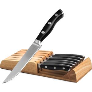 Alata 6-Piece Steak Knives Set with Block, 4.7 Inch with Serrated Edge Razor-Sharp Dinner Knives, Full-Tang Construction (Black)